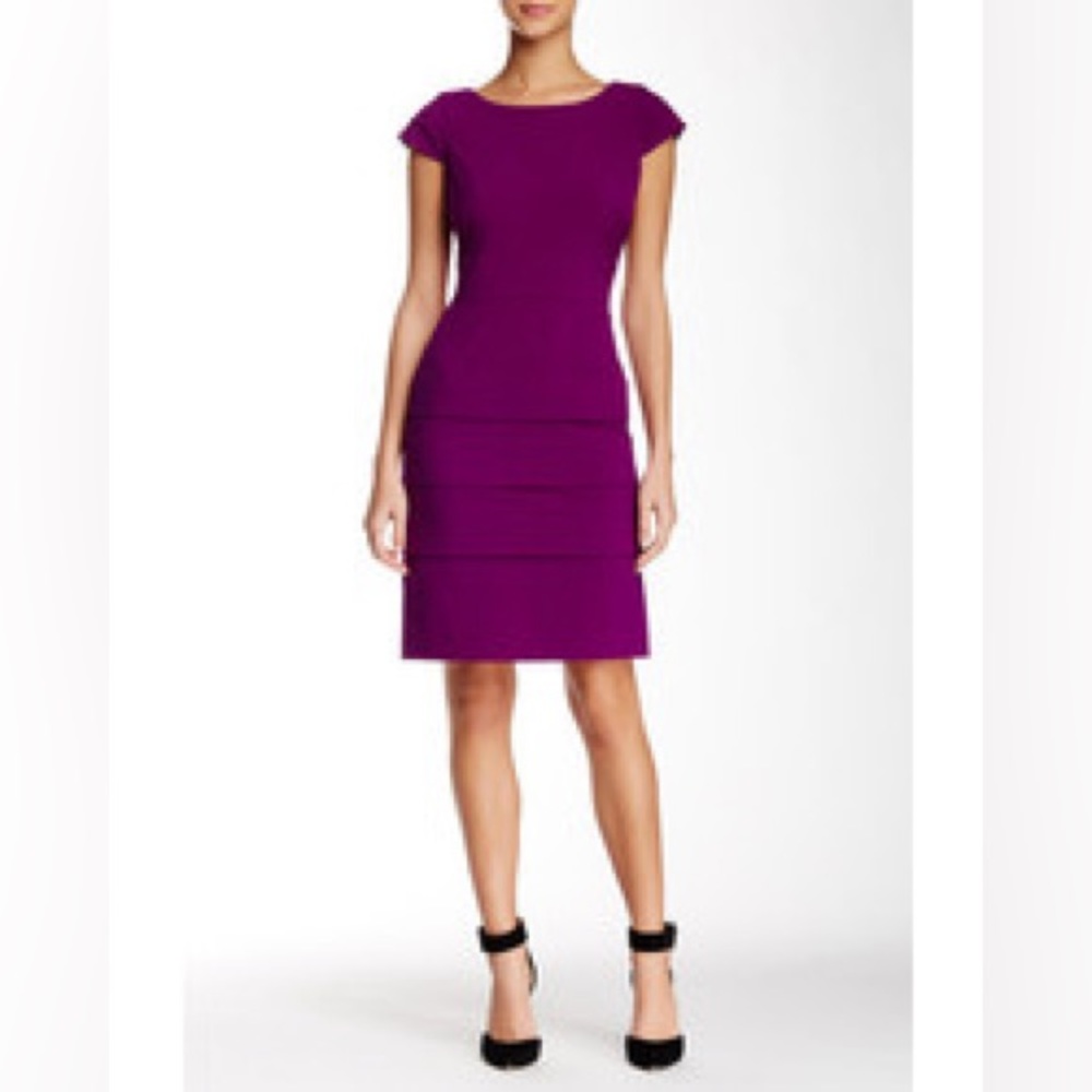 Tahari Cap Sleeve Bi Stretch Tiered Sheath Plus Size  Dress Size 16